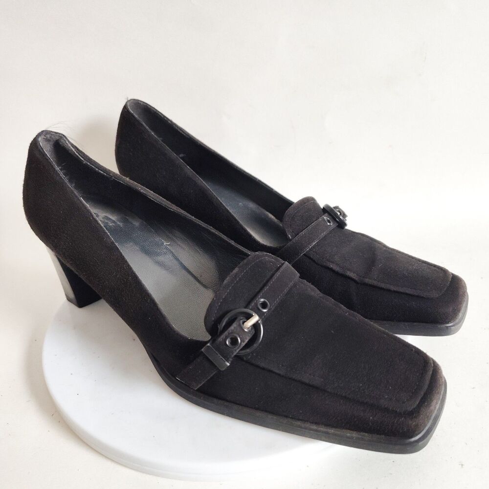 Stuart Weitzman Pumps 7 AA Narrow Black Square Suede Leather Sole 3" Block Heels